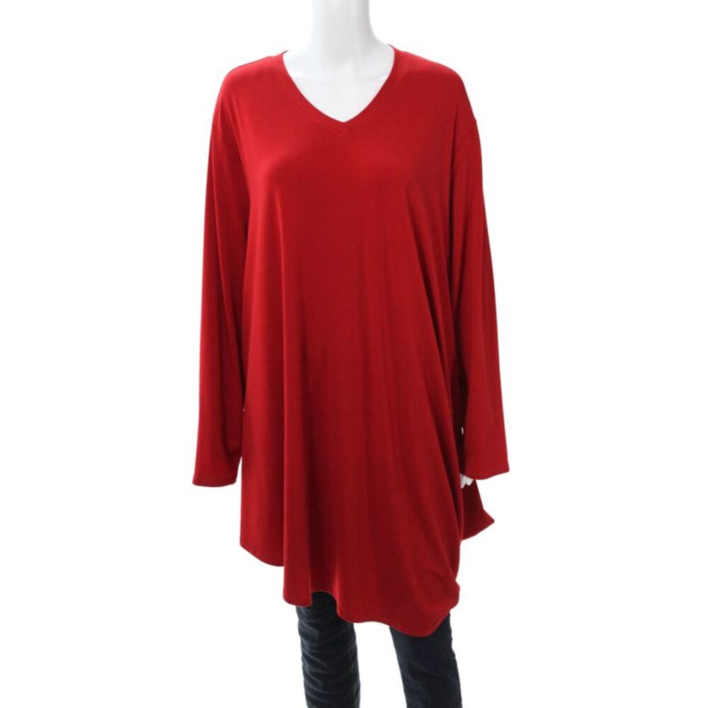 Christopher Calvin Women Tunic Red V-Neck Long Sleeve Polyester Size 1X